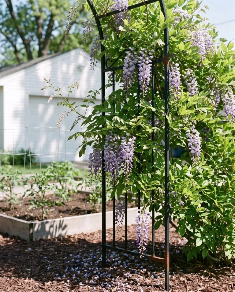 Kentucky wisteria with lilac racemes and leaves on a metal arbor in a Midwest garden in June