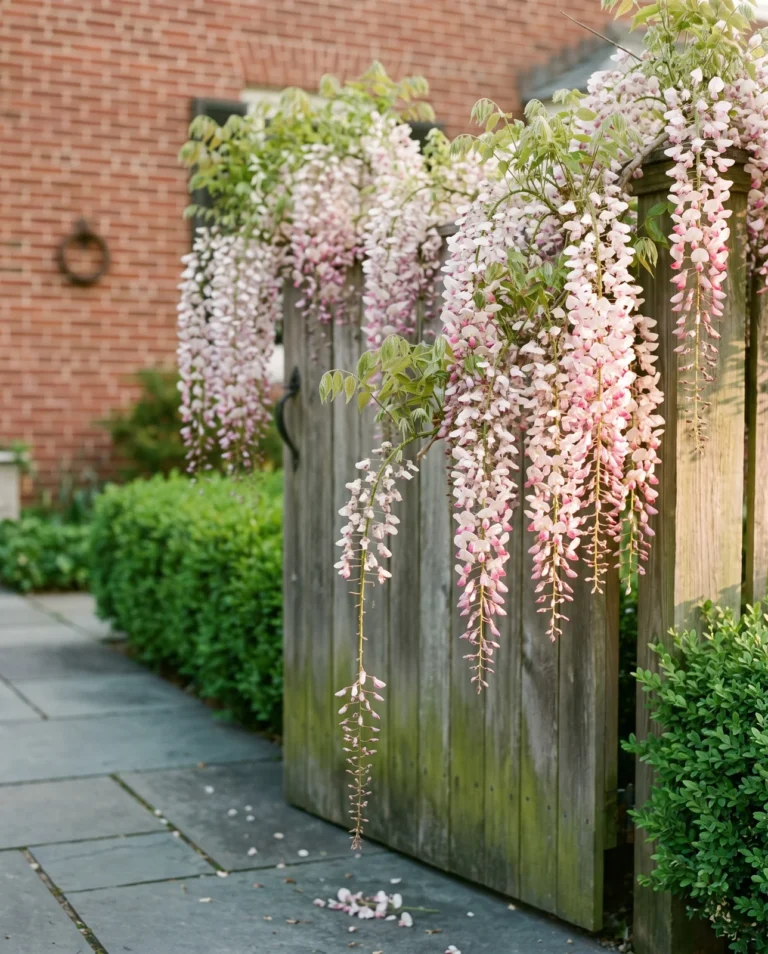 Japanese wisteria Kuchibeni with white racemes tipped pink hanging over a garden gate