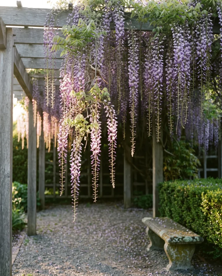 Japanese wisteria Macrobotrys with extremely long lilac racemes hanging through a high pergola