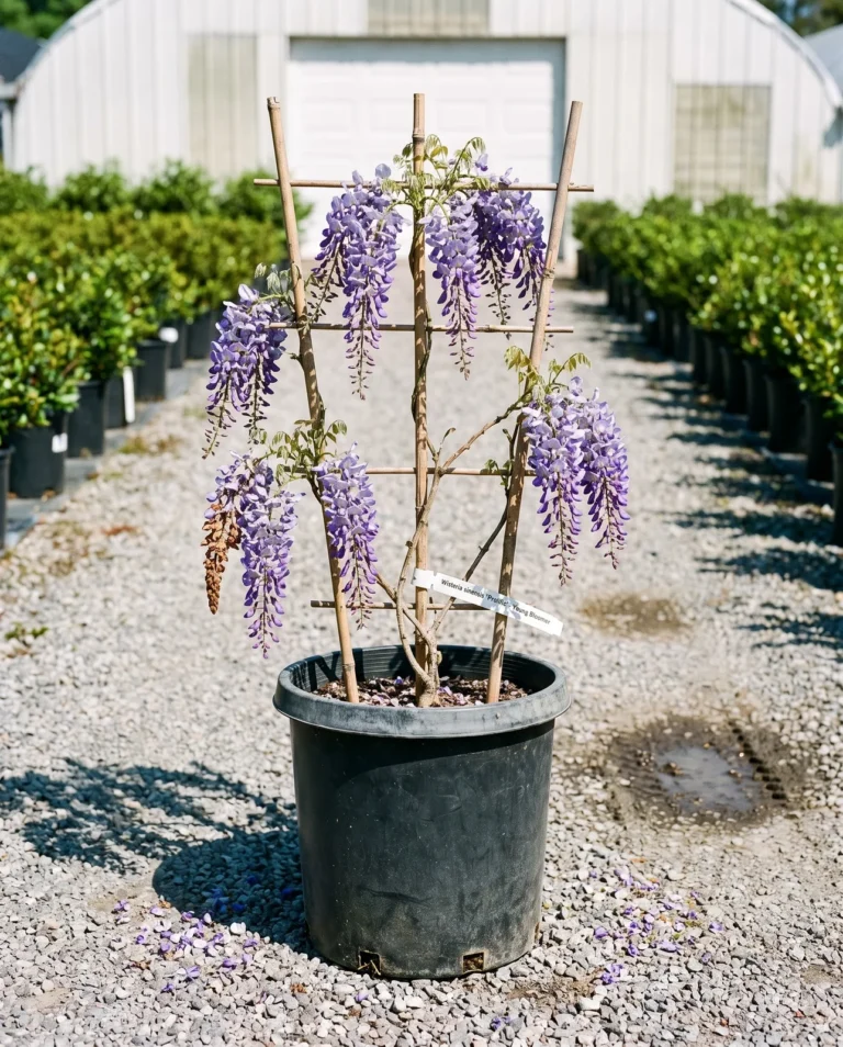 Young Chinese wisteria Prolific blooming in a nursery container with violet racemes on a short trellis