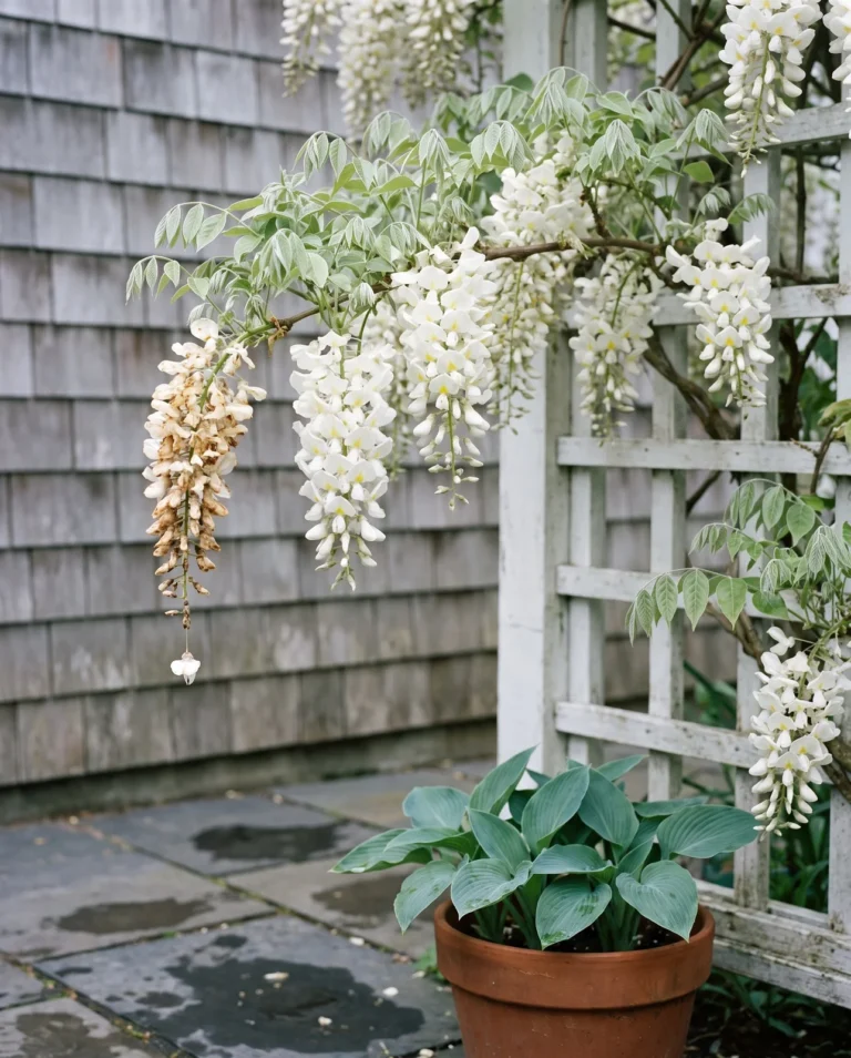 Silky wisteria Shiro-kapitan with short white racemes of large flowers on a trellis in soft light