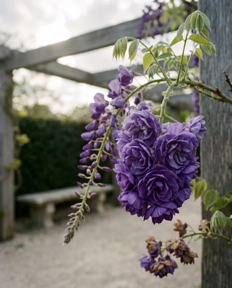Double-flowered Japanese wisteria Violaccea Plena with rosette-like violet flowers on a pergola
