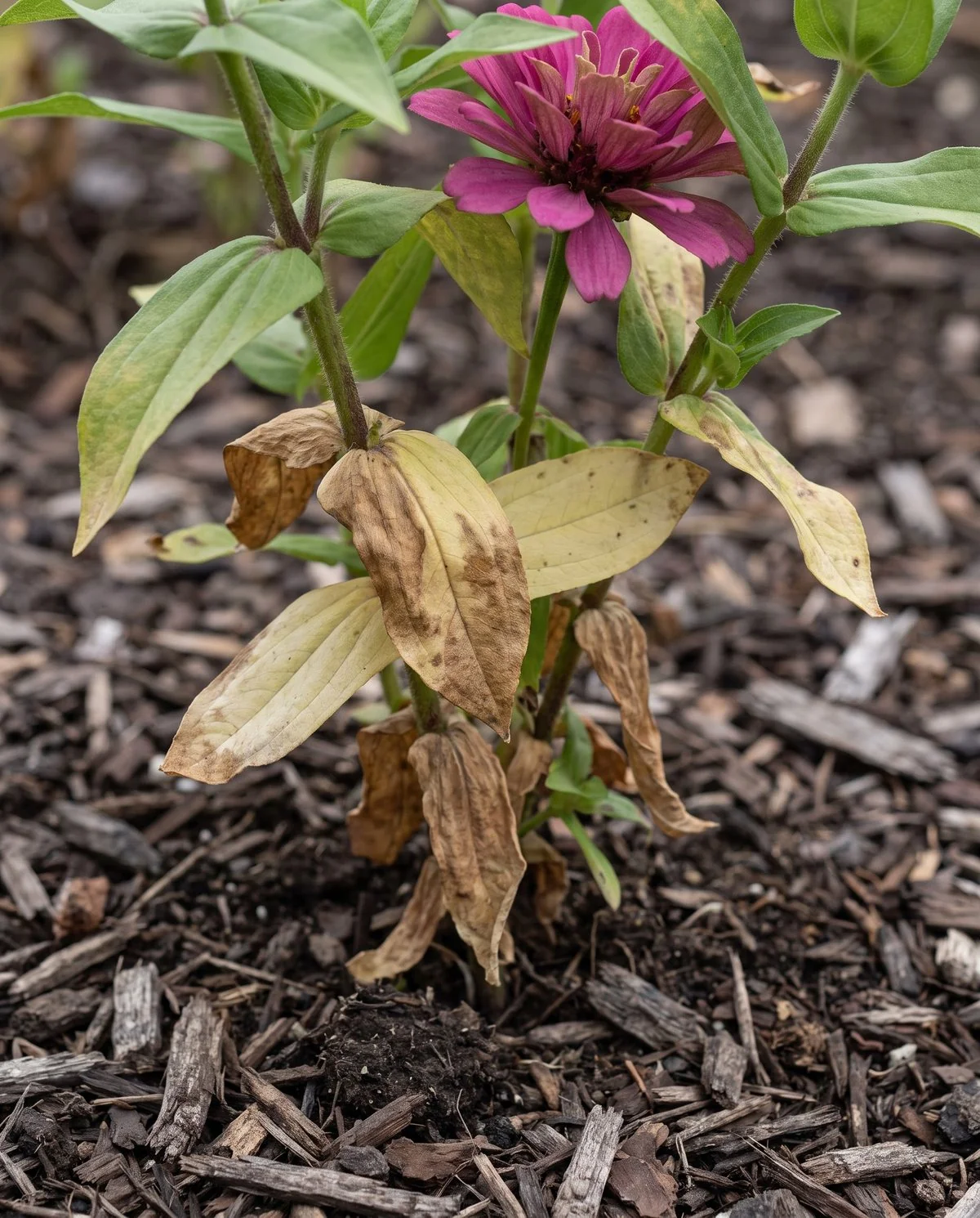 The lower leaves of a zinnia fading gradually to yellow and dry brown while the upper plant stays green and flowering