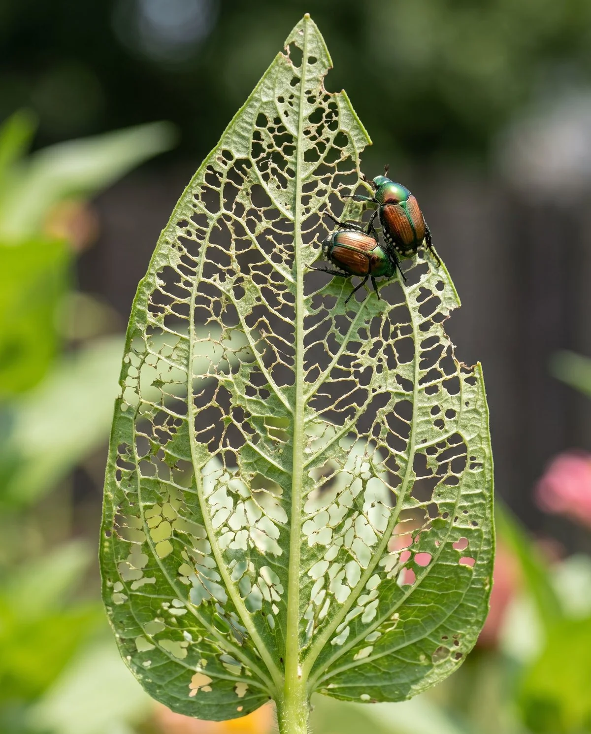 A zinnia leaf skeletonised by beetles with the tissue between the veins gone and the vein network left standing