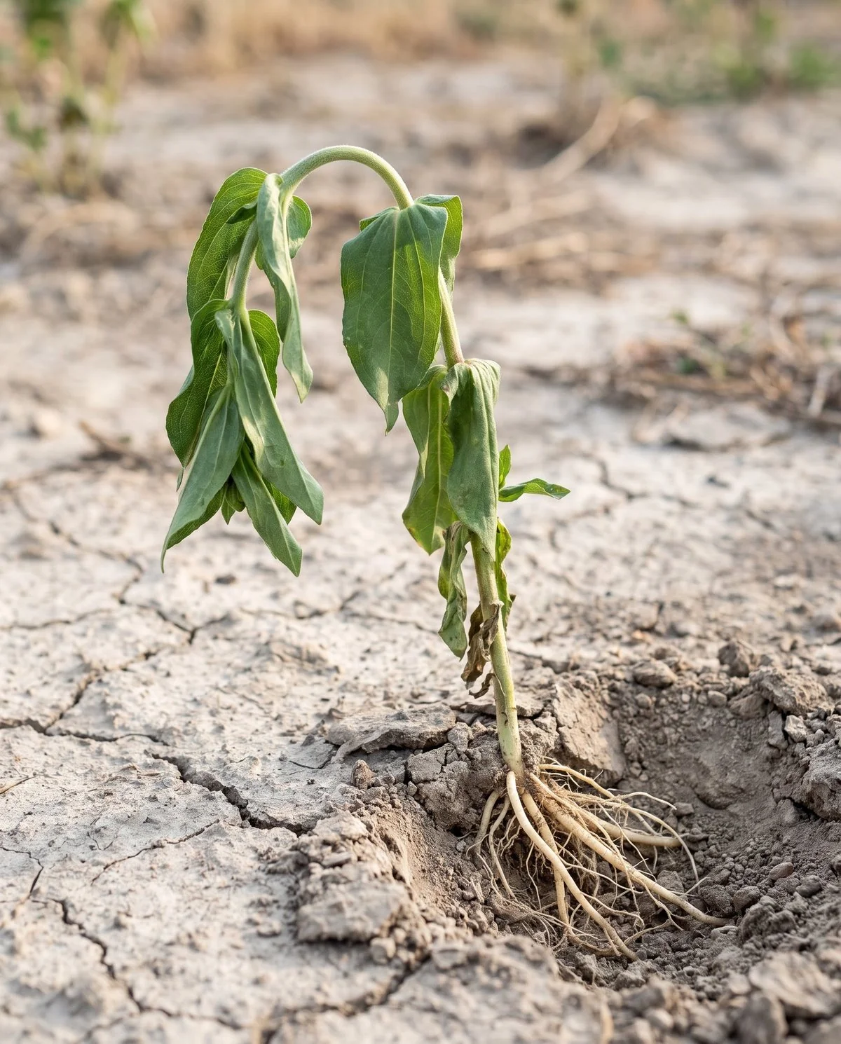 A zinnia drooping in dry soil with leaves hanging slack but still green and unmarked, and pale firm roots exposed at one side