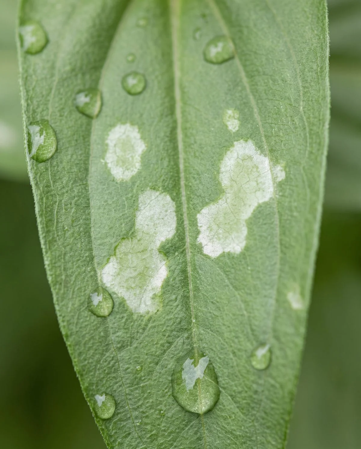 A zinnia leaf with irregular pale wet-looking patches from overhead watering, with no ringed spots and no yellow haloes
