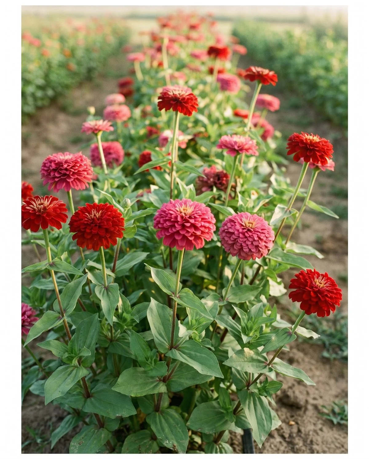 Tall Benary's Giant zinnias with large fully double scarlet and rose blooms on long thick stems in a cutting row