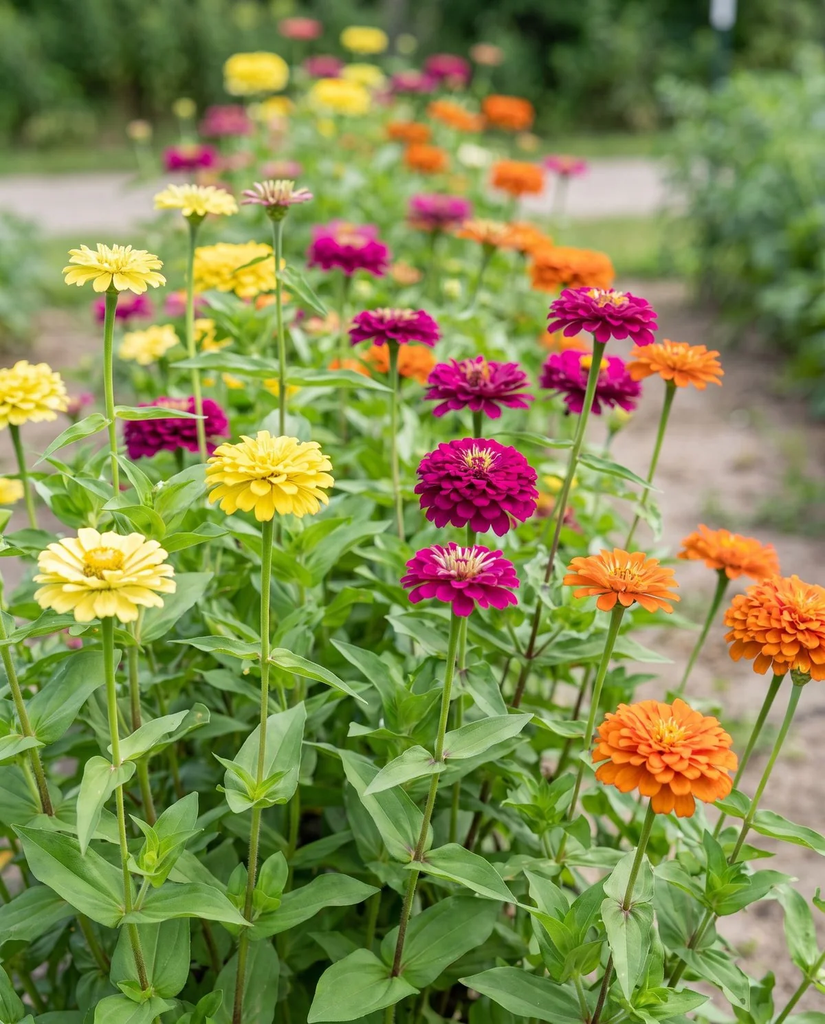State Fair zinnias in mixed solid colours on tall strong stems with clean unmarked foliage