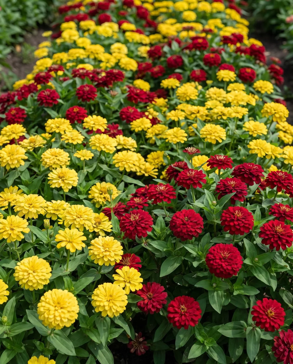 Double Zahara zinnias in a mass planting, fully double yellow and cherry blooms on compact mounded plants