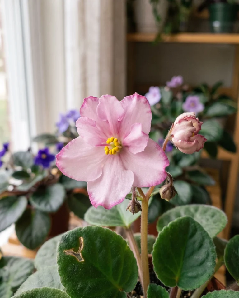 A semi-double African violet flower with extra petals but still-visible yellow stamens, on a New Jersey collector's shelf