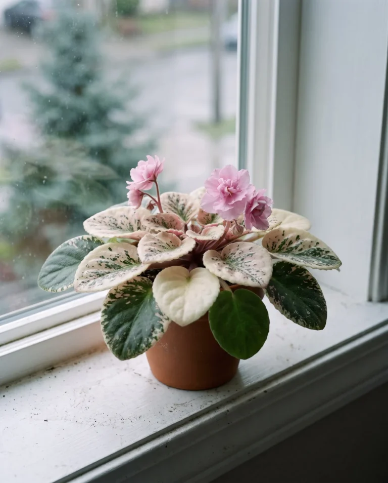A fantasy-patterned African violet with variegated pink and white leaves beside pale pink double flowers, on a Seattle windowsill