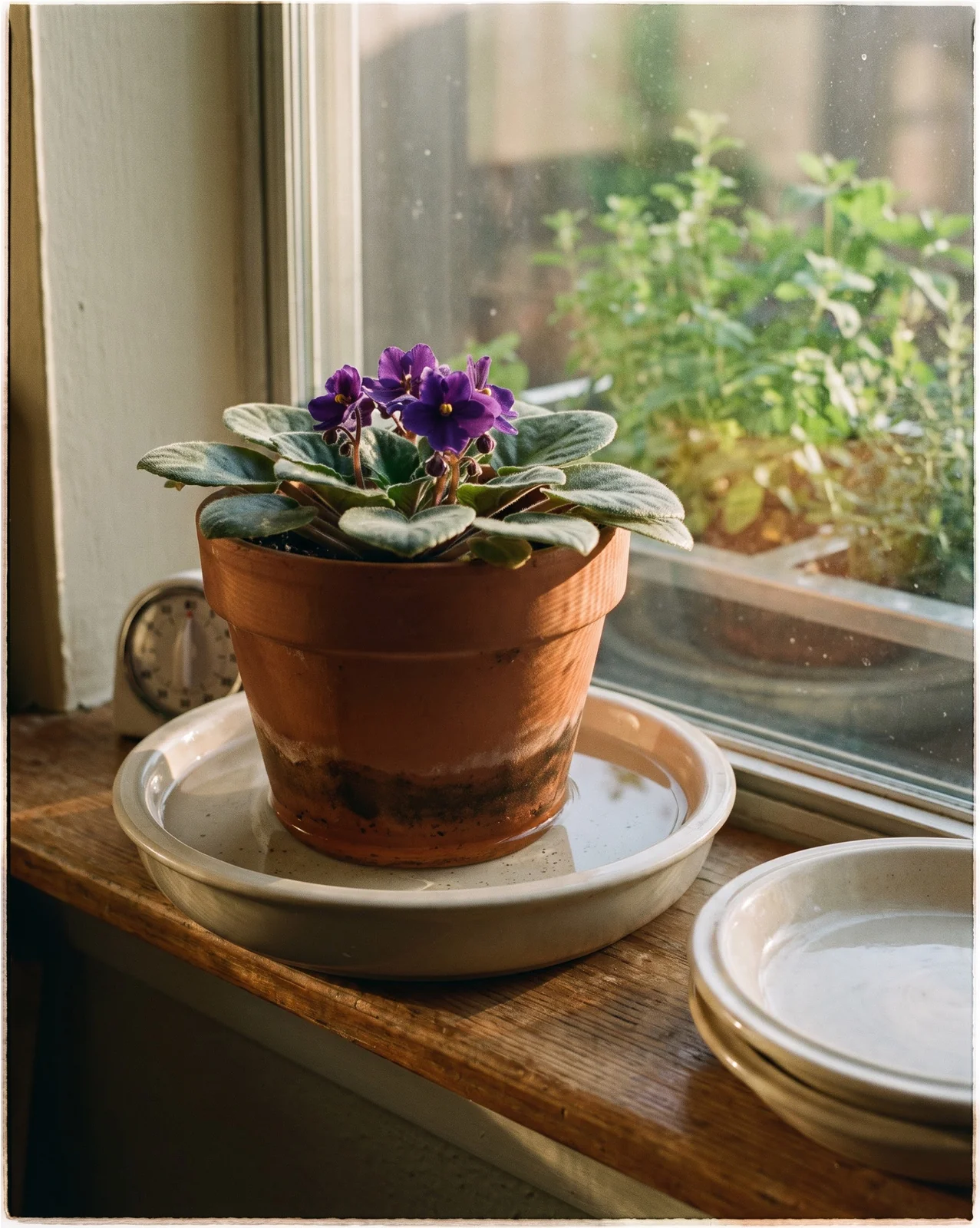 An African violet pot standing in a shallow saucer of room-temperature water on an Austin, Texas kitchen windowsill, bottom watering in progress