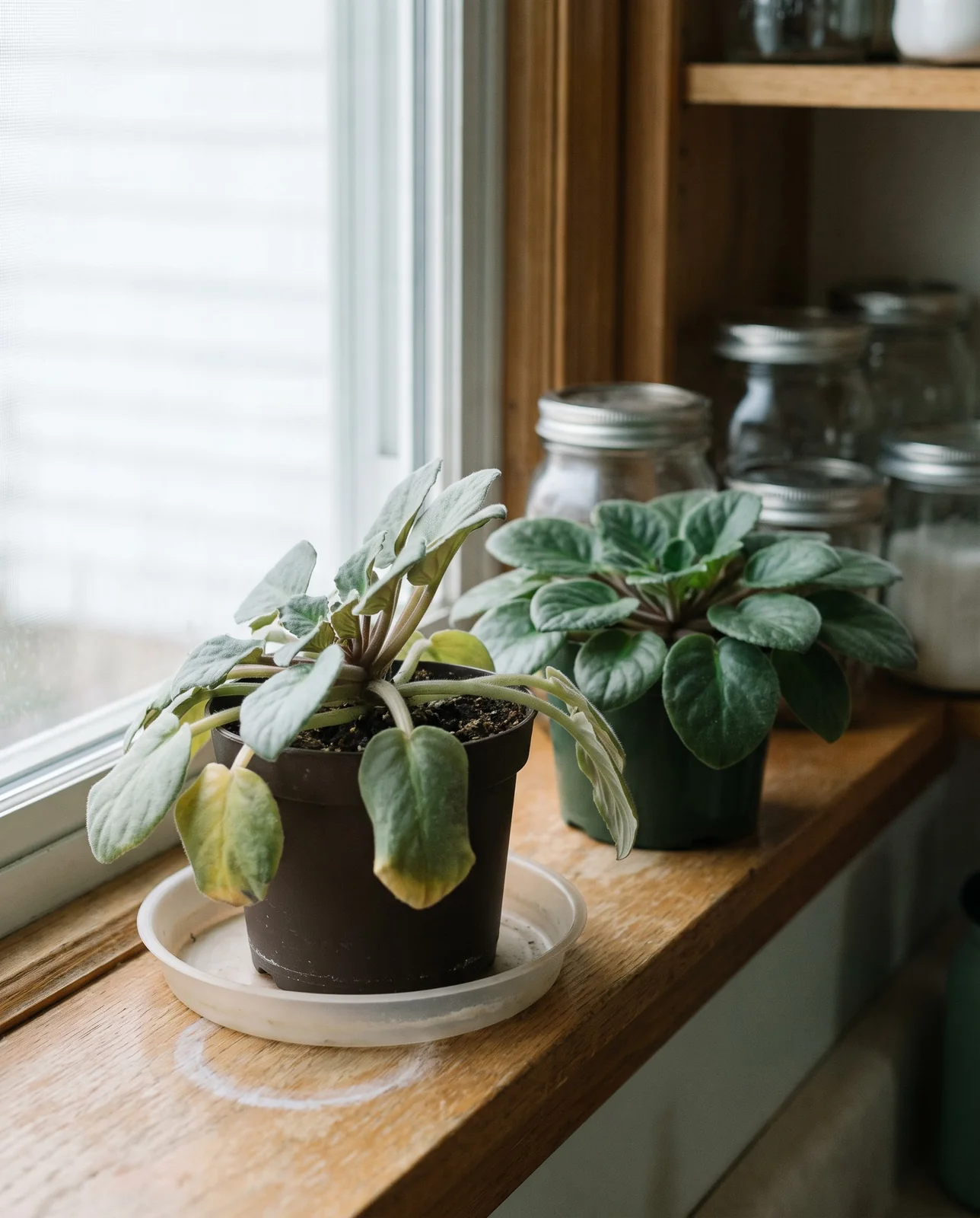 An African violet with limp, drooping leaves lifted from its saucer on a Wisconsin windowsill to check whether the mix is wet or dry