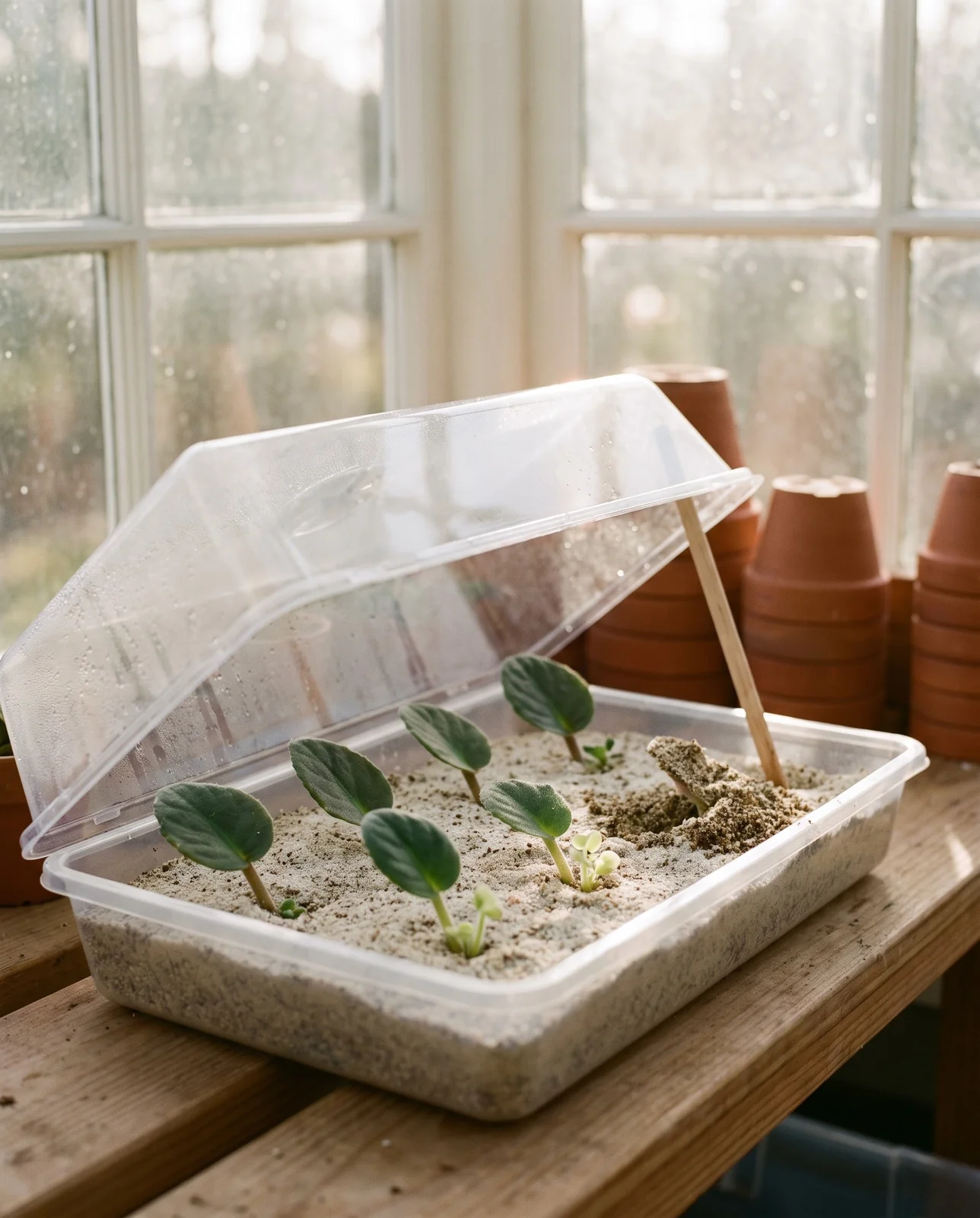 African violet leaf cuttings rooting in a tray of damp vermiculite in a Kentucky sunroom, each leaf stalk buried at an angle under a clear humidity cover