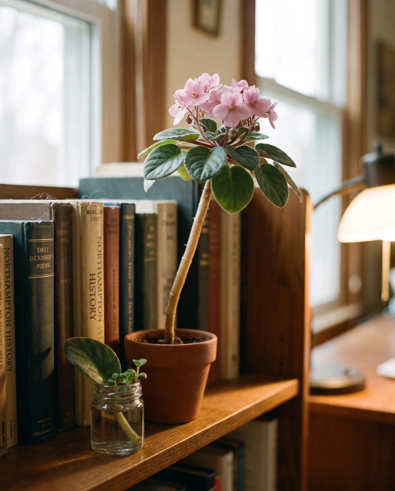 An aging African violet with a long bare stem below its rosette on a Massachusetts bookshelf, standing beside a fresh leaf cutting as its likely replacement