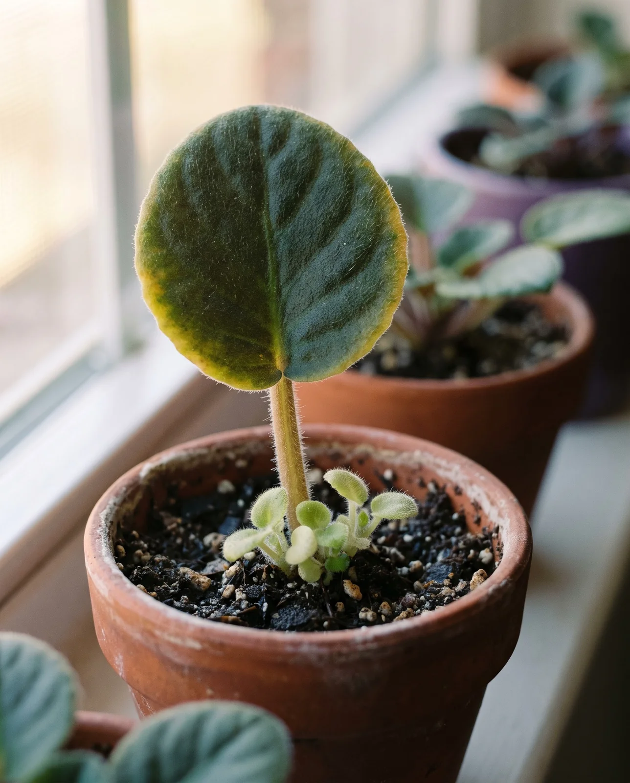 Tiny African violet plantlets growing at the base of a parent leaf cutting on a Tennessee windowsill, several weeks into rooting