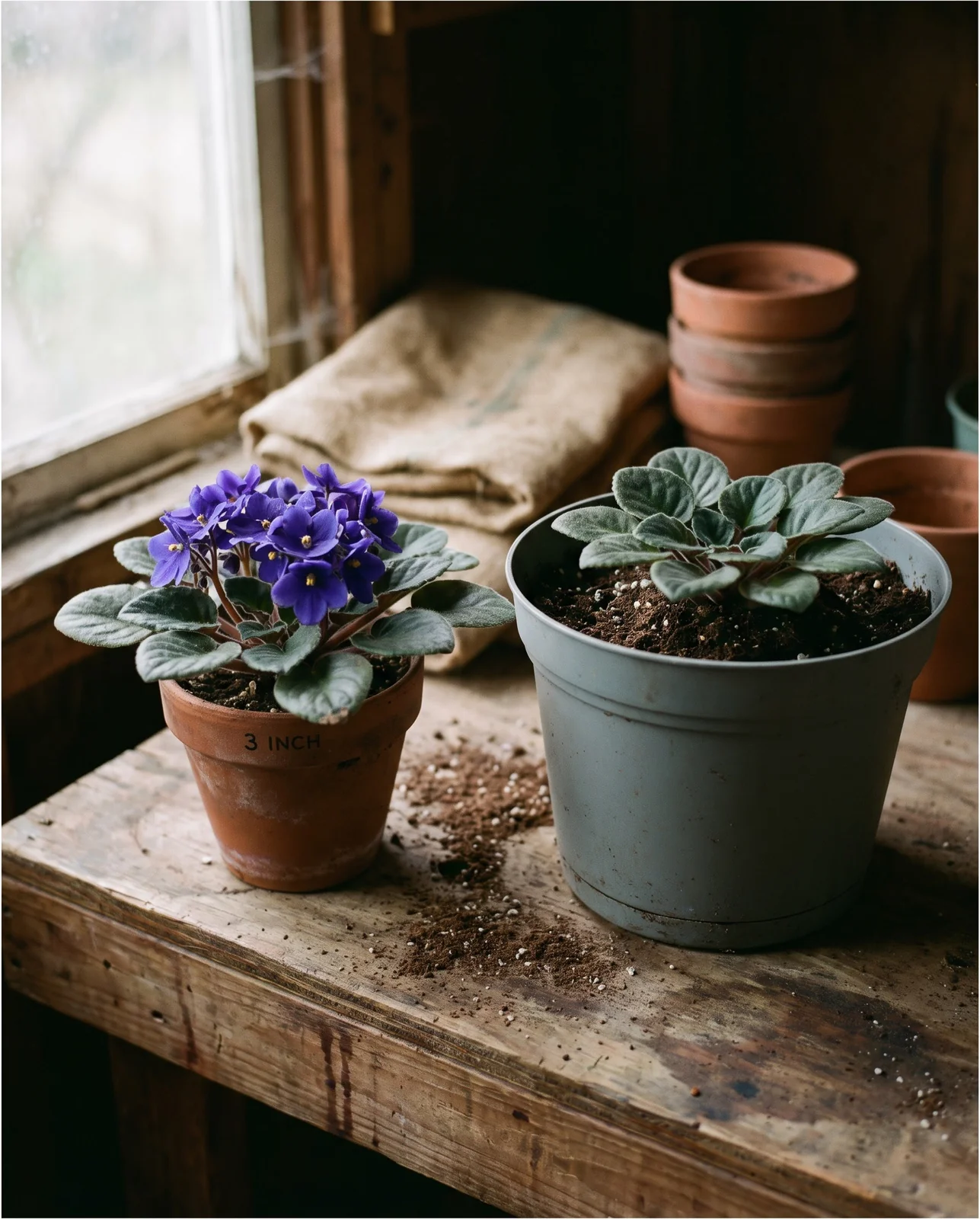 A small African violet in a tight clay pot in full bloom beside the same size plant in an oversized nursery pot with no flowers, on an Oregon potting bench