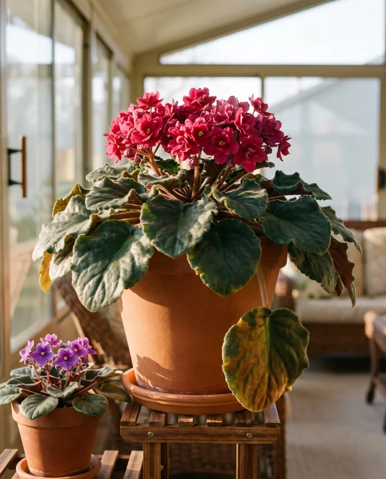 A large African violet spanning well over sixteen inches across in a Sacramento sunroom, its rosette overflowing a wide clay pot