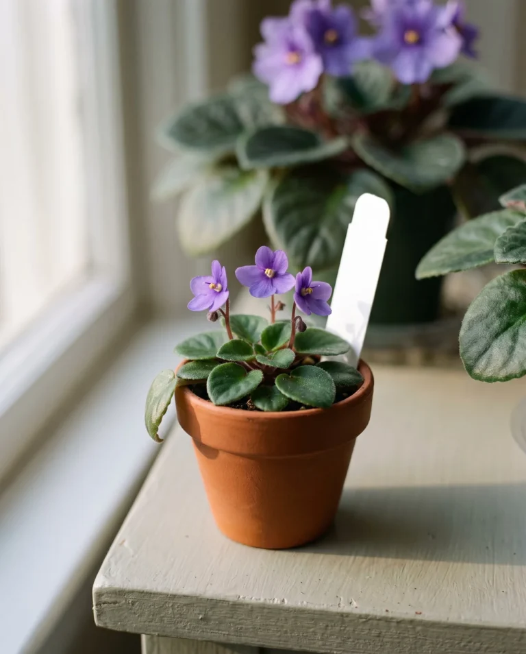 A miniature African violet under six inches across in a two-inch pot on a Georgia collector's shelf, small enough to sit in the palm of a saucer