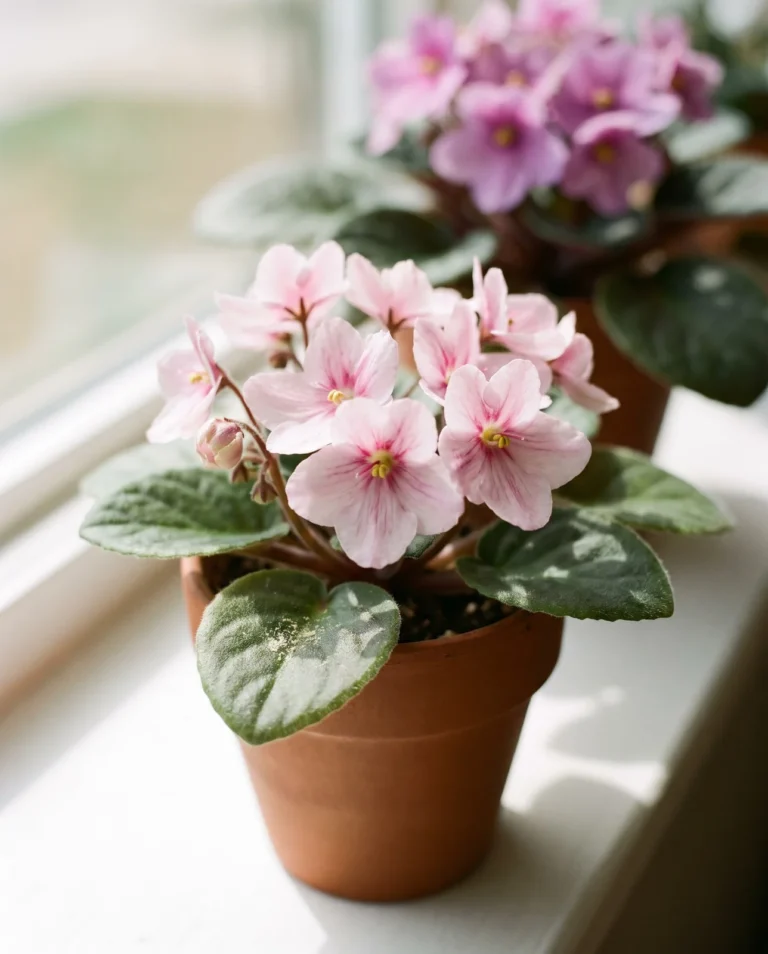 A semi-miniature African violet spanning about seven inches across on an Indiana windowsill, midway in size between the miniature and standard classes