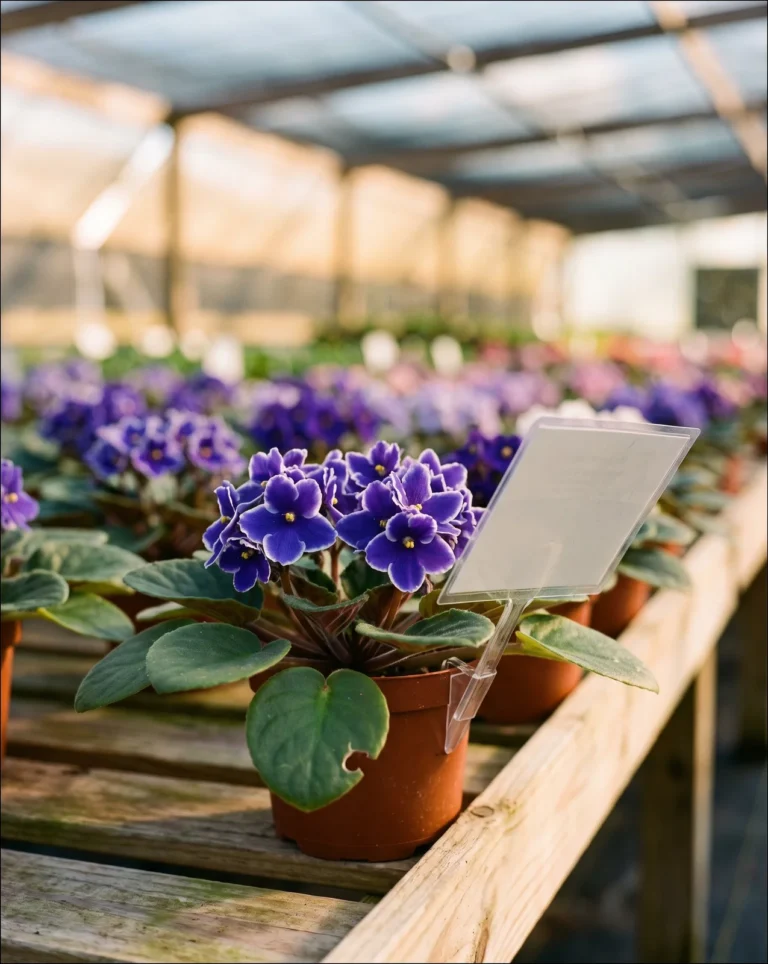 A standard-sized African violet in a four-inch pot at a Florida garden center bench, the size class most plants are sold at