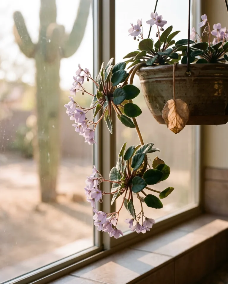 A trailing African violet with several crowns cascading from one pot on a Tucson, Arizona patio window, the only type shown with more than one rosette
