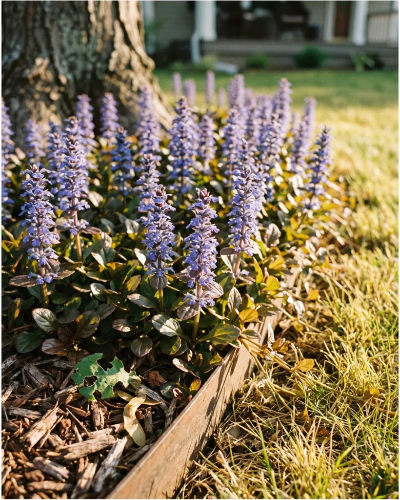 A flowering ajuga mat rolling past a bed edge and three feet out into mown lawn under a silver maple
