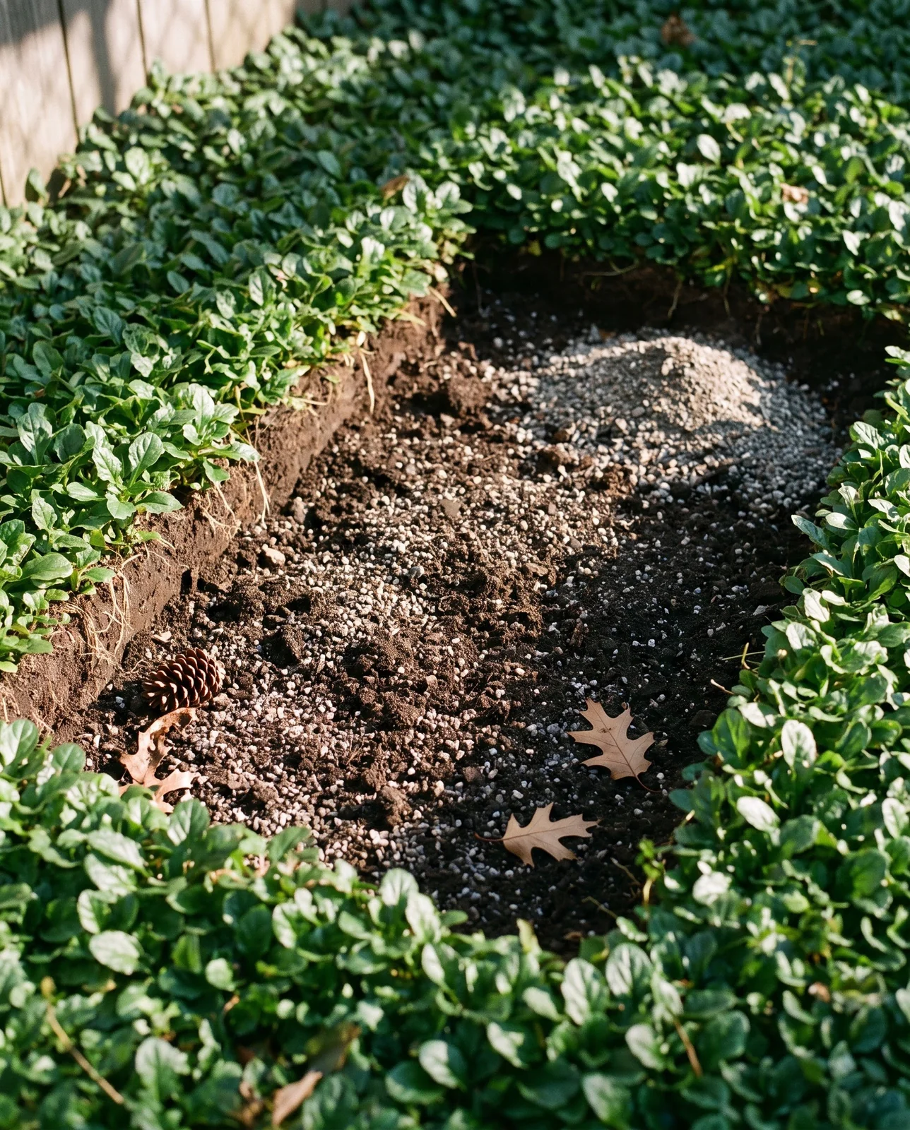 A rectangle of turned soil mixed with coarse grit opened in an otherwise sound green ajuga mat