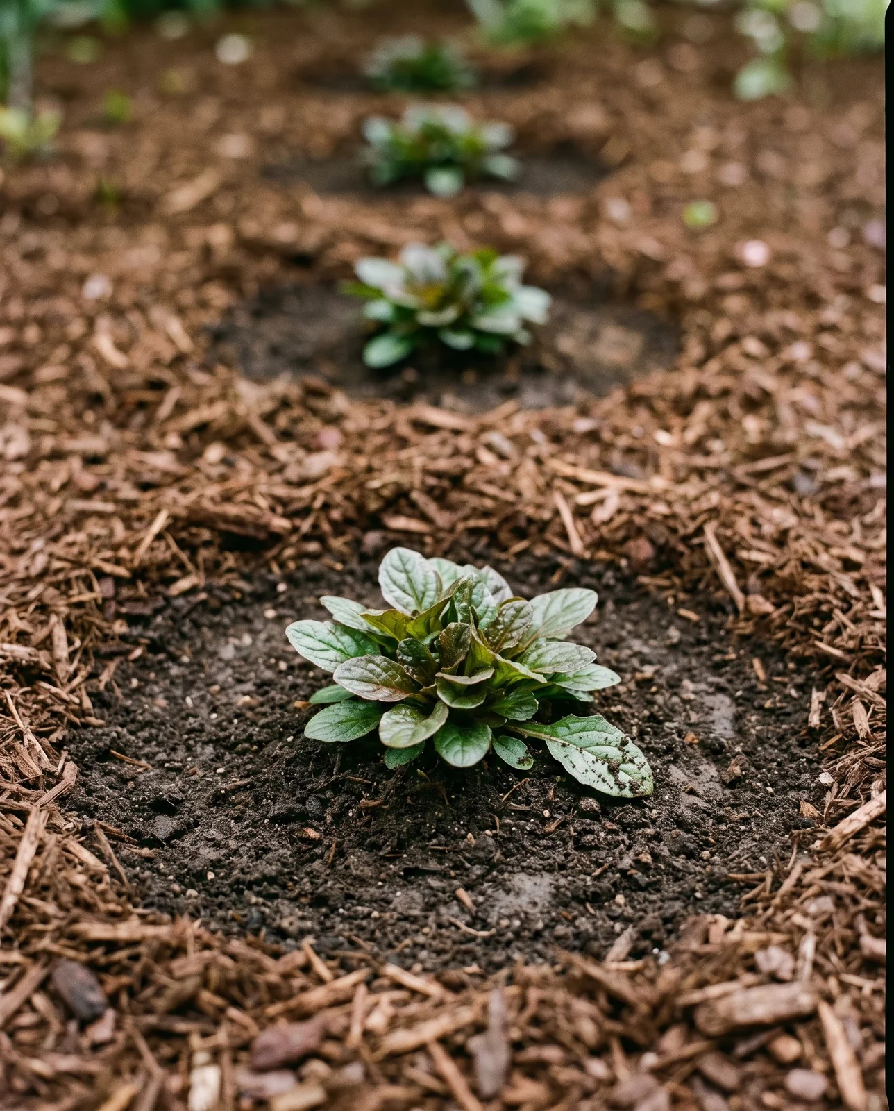 A newly set ajuga with its crown standing proud of the soil and mulch drawn back in a clean ring around it