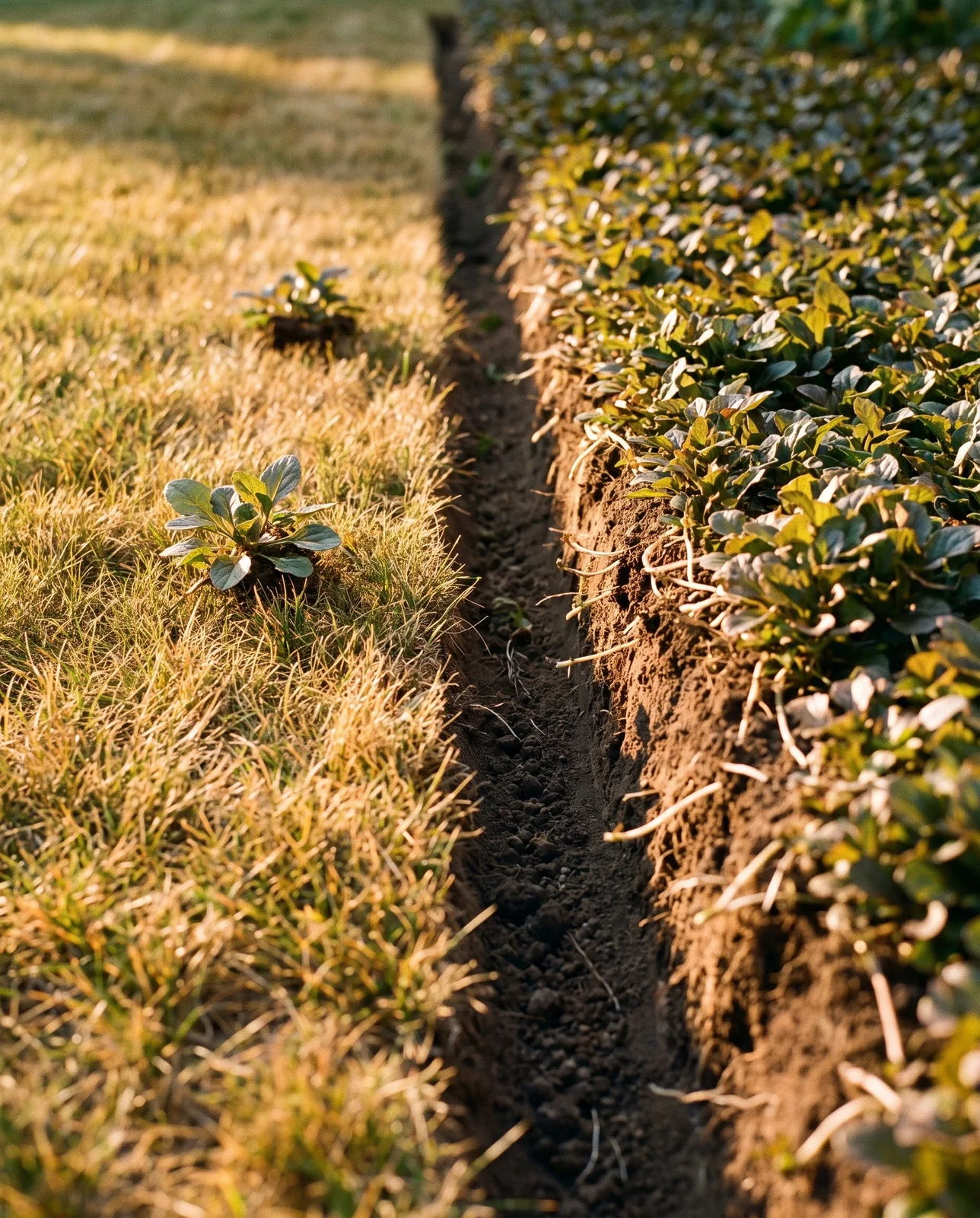 A freshly cut trench line holding an ajuga mat back from mown turf, with two escaped clumps already past it