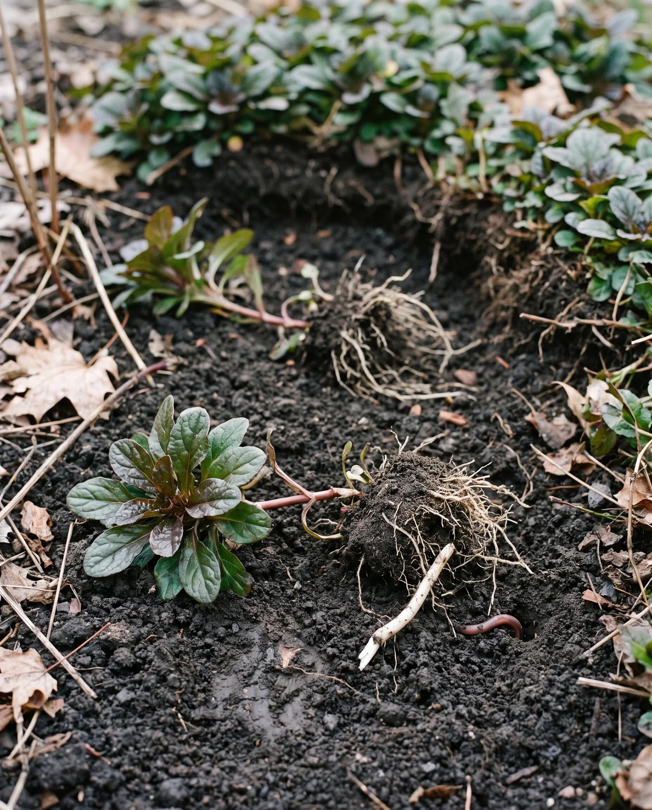 Three lifted ajuga divisions with rooted stolons lying on dark turned soil beside the gap they came from