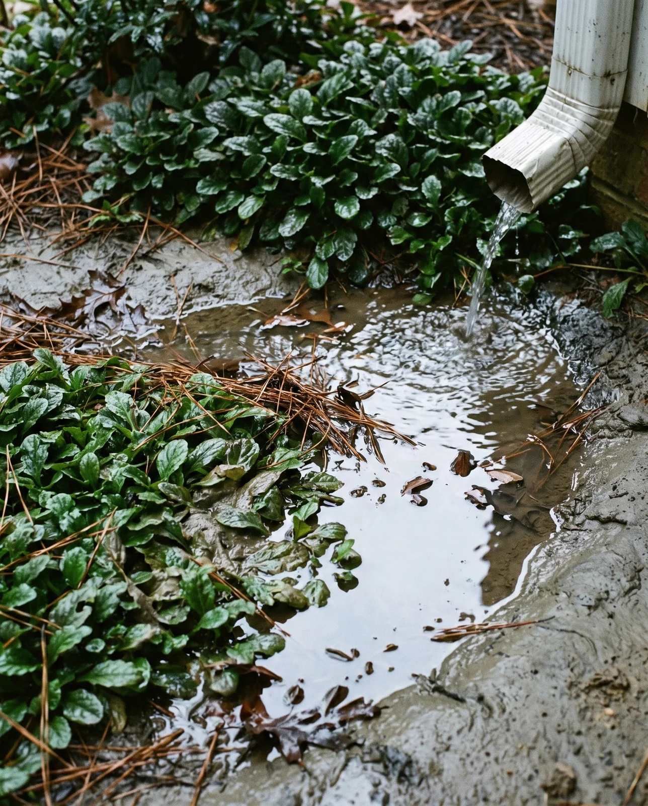 Standing rainwater over grey clay in the low corner of a shade bed, submerging the outer leaves of a sound green mat