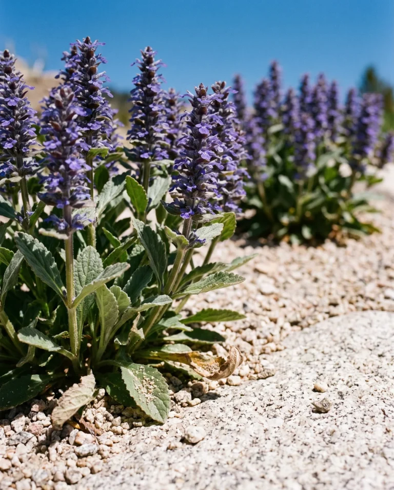 An upright Ajuga genevensis clump standing alone in decomposed granite with no runners crossing the grit