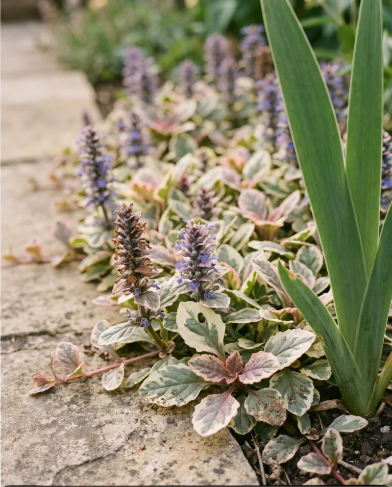 Tricoloured cream, pink and green 'Burgundy Glow' ajuga with one coarse plain green reverted shoot pushing through
