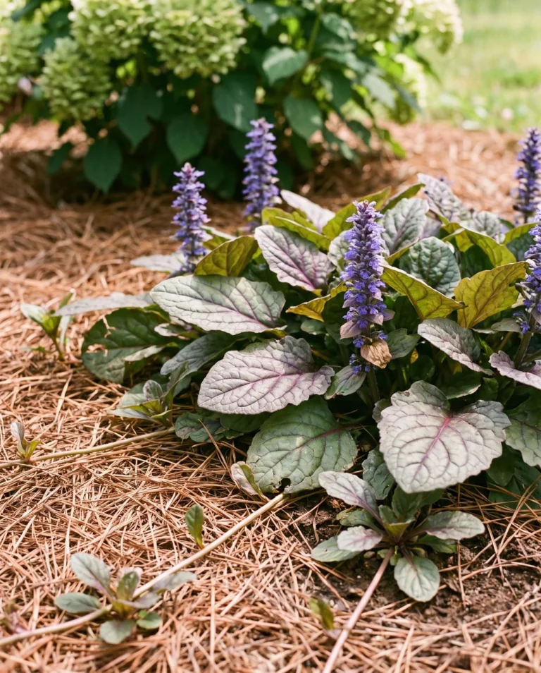 Oversized bronze-green 'Catlin's Giant' ajuga leaves sprawling over pine straw with runners heading out toward the camera