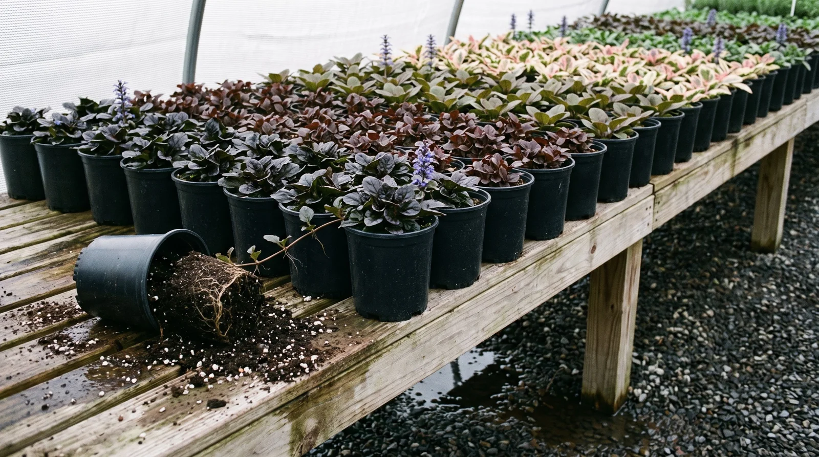 A garden-centre bench of unmarked black quart pots of ajuga in four foliage colours under flat shade-cloth light