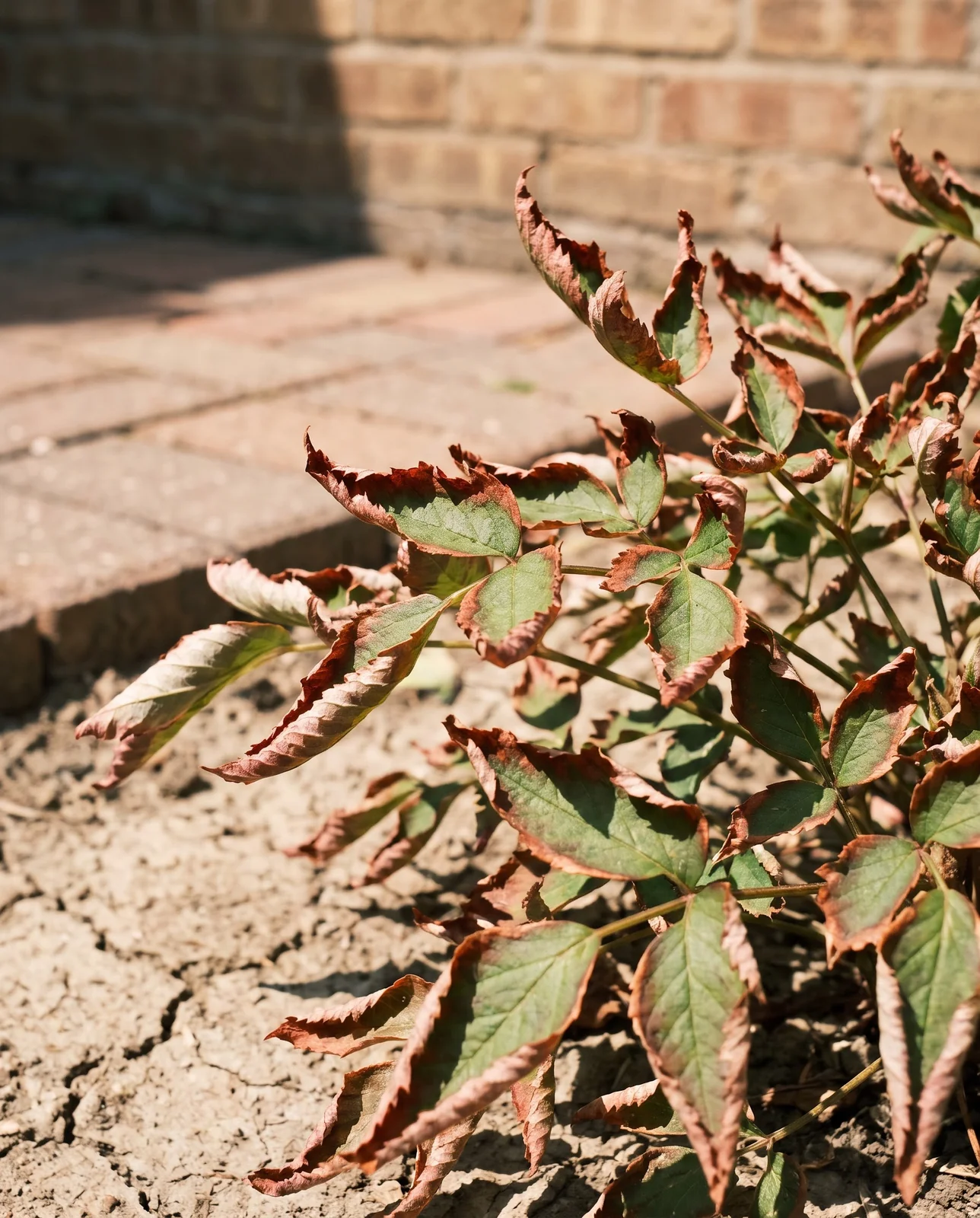 Astilbe leaves curled and crisped reddish-brown along the margins with no coating, over dry cracked soil