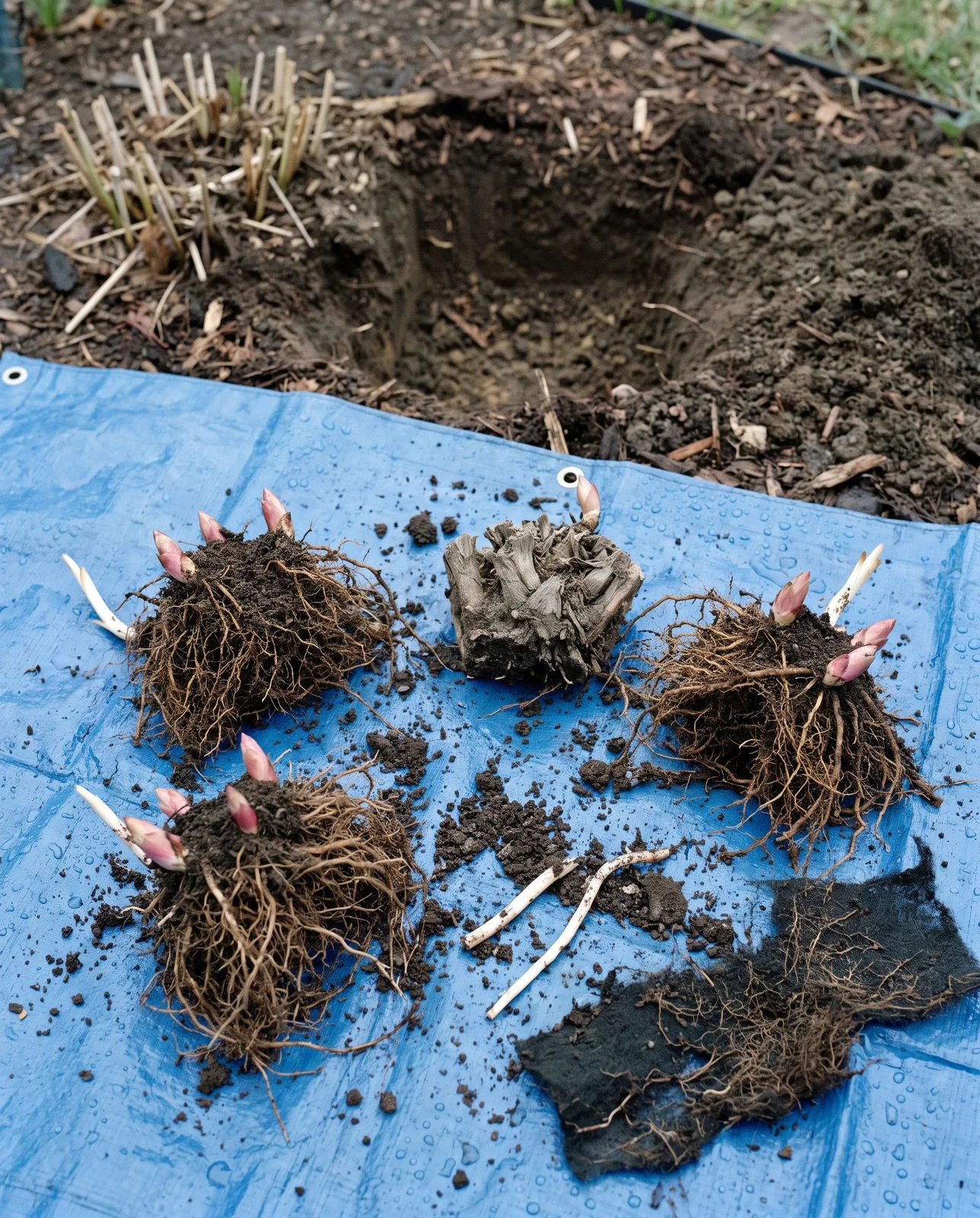 A lifted astilbe clump split into four pieces on a tarp beside an open hole, showing the spent woody centre