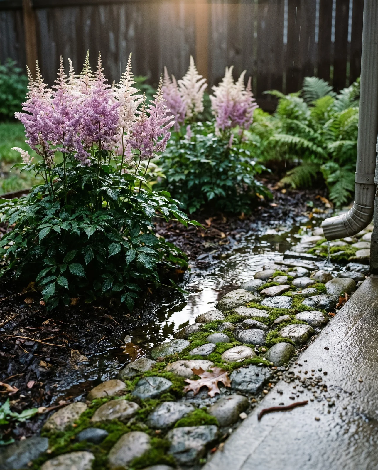 Astilbe growing lush in a damp planted swale below a downspout, with saturated dark soil and moss