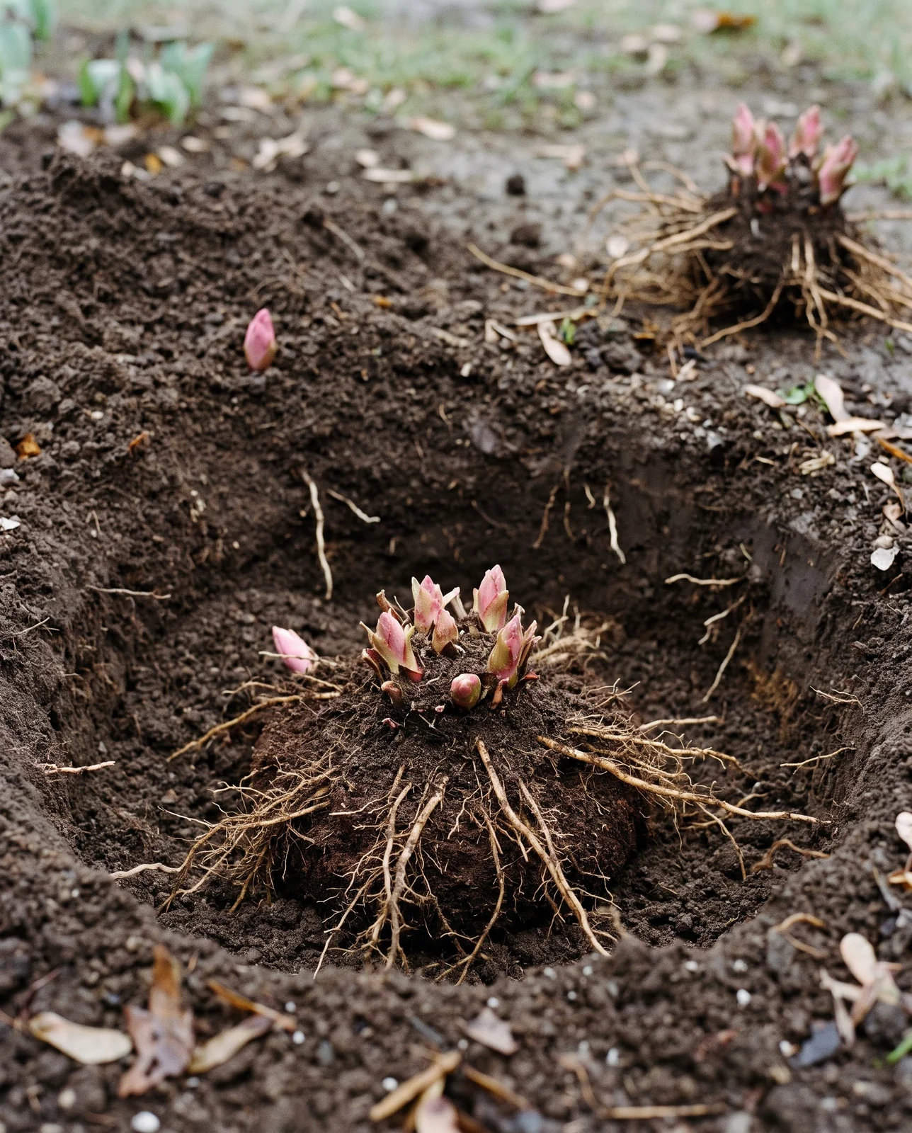 An astilbe crown set in a planting hole at the correct depth, buds just below the soil line in cool spring soil
