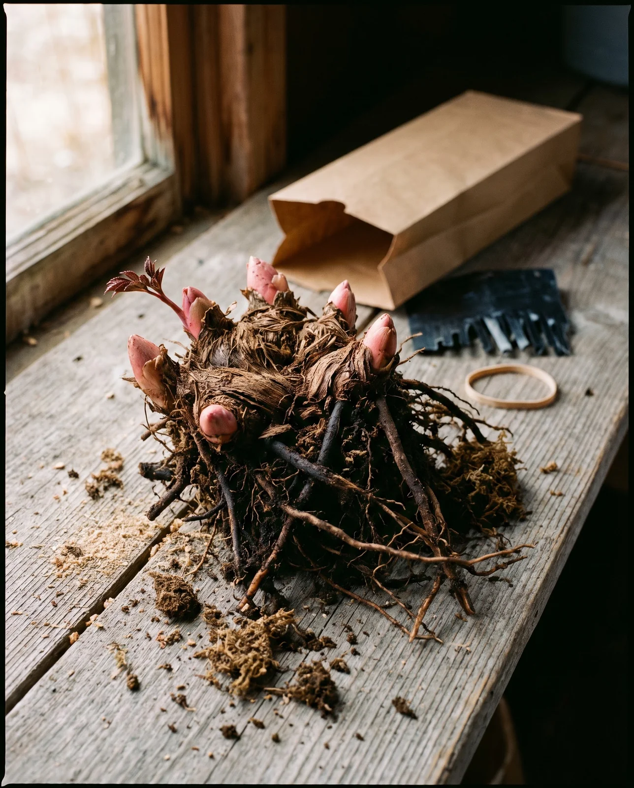 A bare-root astilbe crown with pink buds and fibrous roots lying in damp peat packing on a cold shed bench