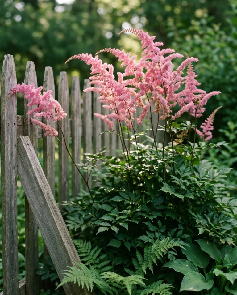 Tall pink Bressingham Beauty astilbe with arching plumes standing above a shaded cottage bed
