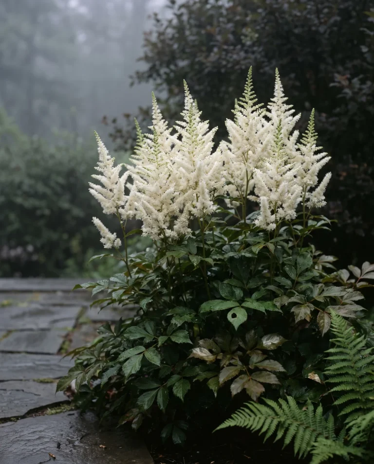 White Deutschland astilbe plumes standing bright in early June mist in a shaded garden