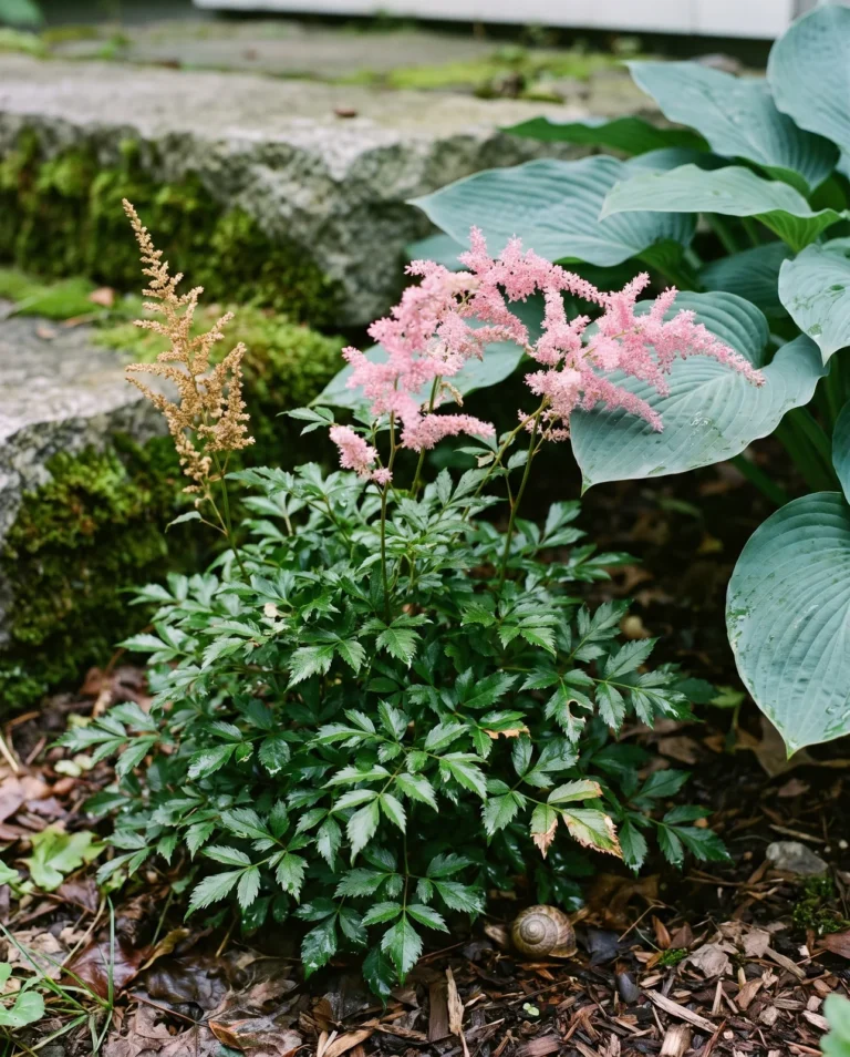 Short late-flowering Hennie Graafland astilbe with light pink arching plumes over glossy dark foliage