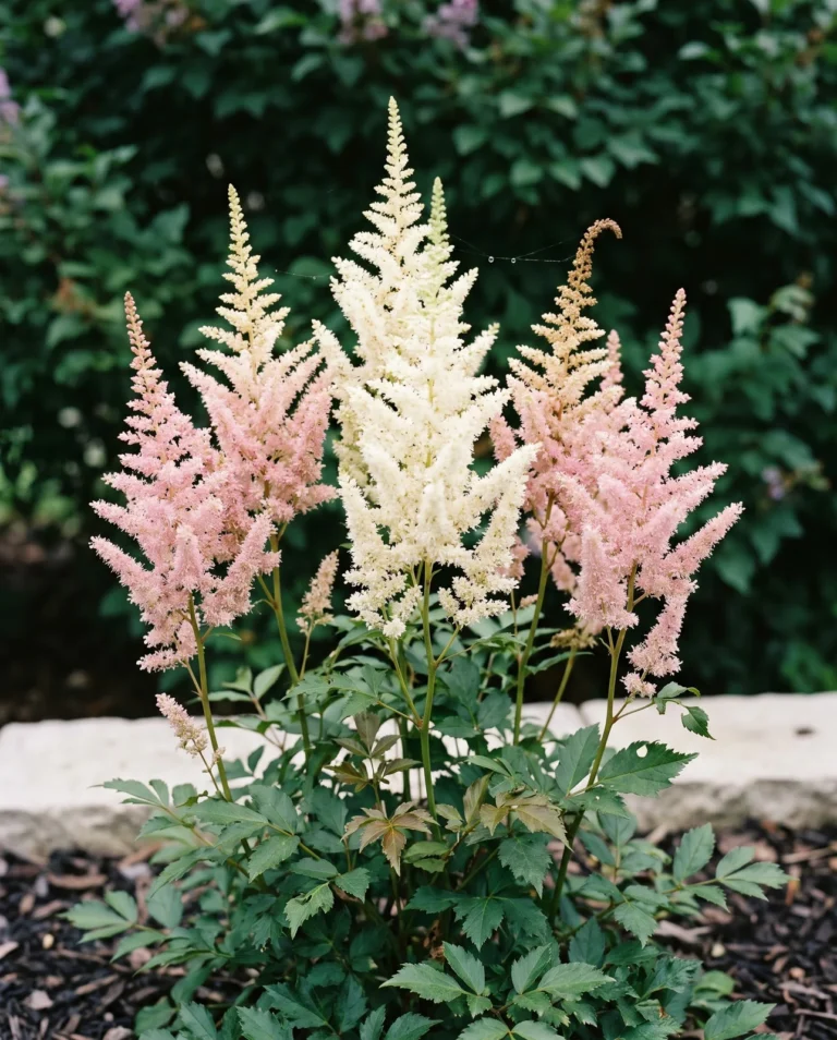 Milk and Honey astilbe with creamy white plumes fading to soft pink on the same plant
