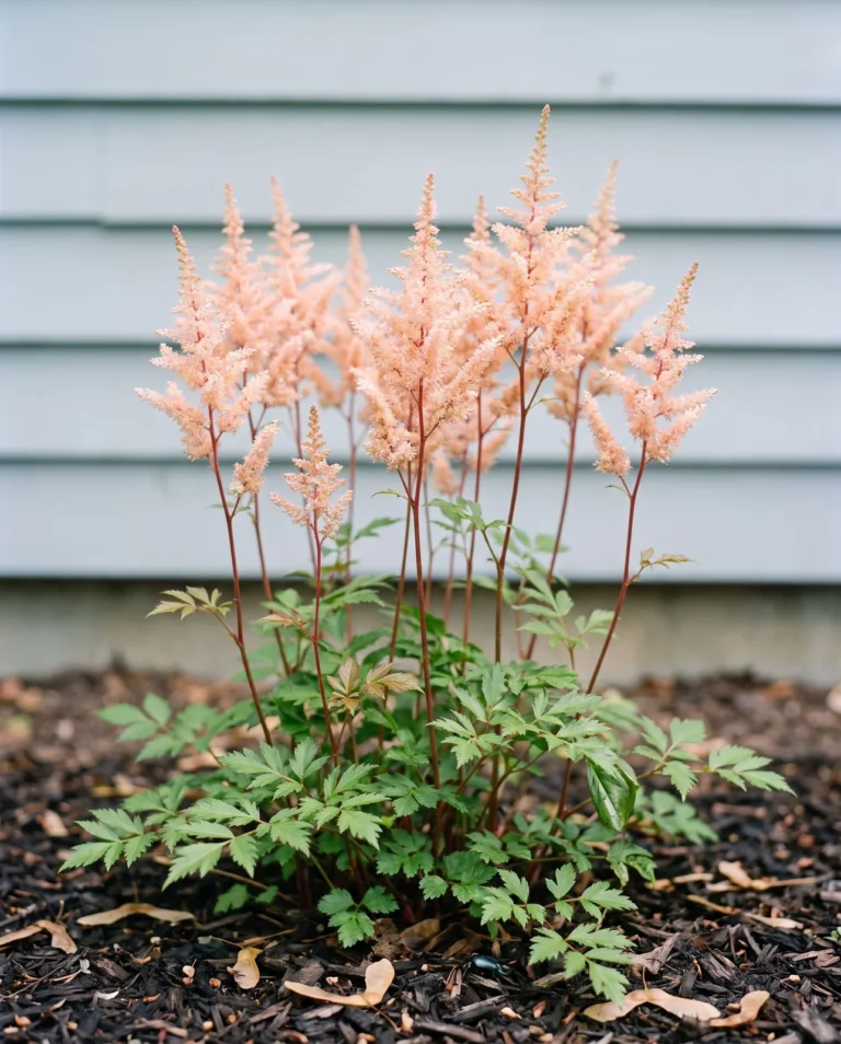 Soft peach-coloured Peach Blossom astilbe plumes in cool even north light in an early June bed