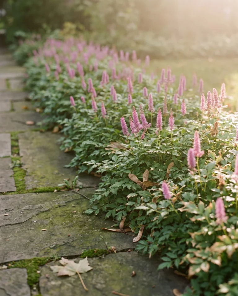 Dwarf Pumila Chinese astilbe forming a low mat of lavender-pink spikes along a shaded path edge