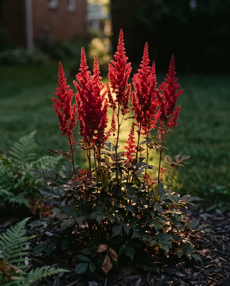 Scarlet Red Sentinel astilbe plumes glowing above dark bronze foliage in warm evening light