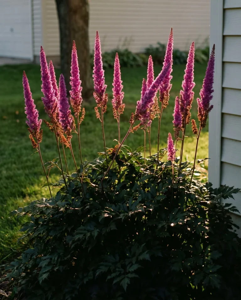 Very tall Superba Chinese astilbe with rose-purple spires backlit against a shaded lawn in late summer