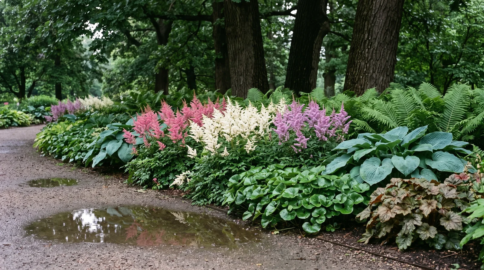 A broad shade planting of astilbe among hostas and ferns along a damp path at a public garden in July